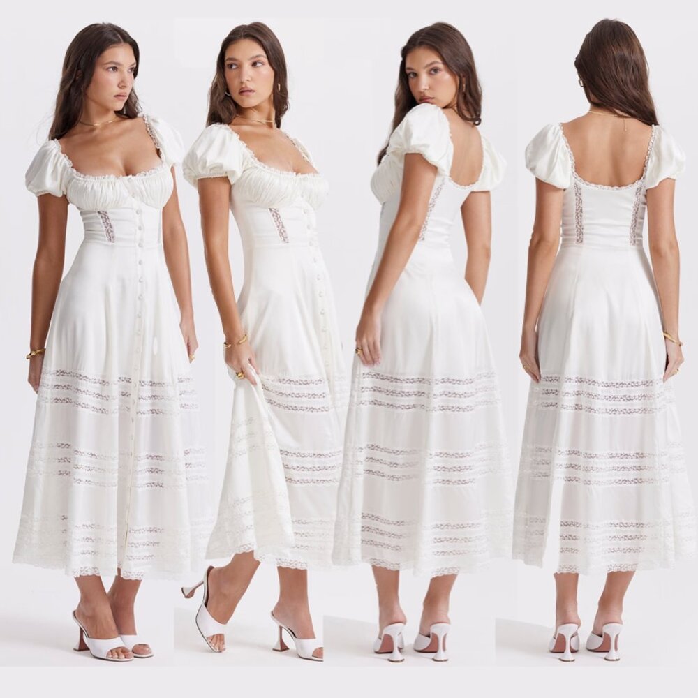 NWT House of CB Eviana Ivory Real Silk Puff Sleeve midi dress - L+
